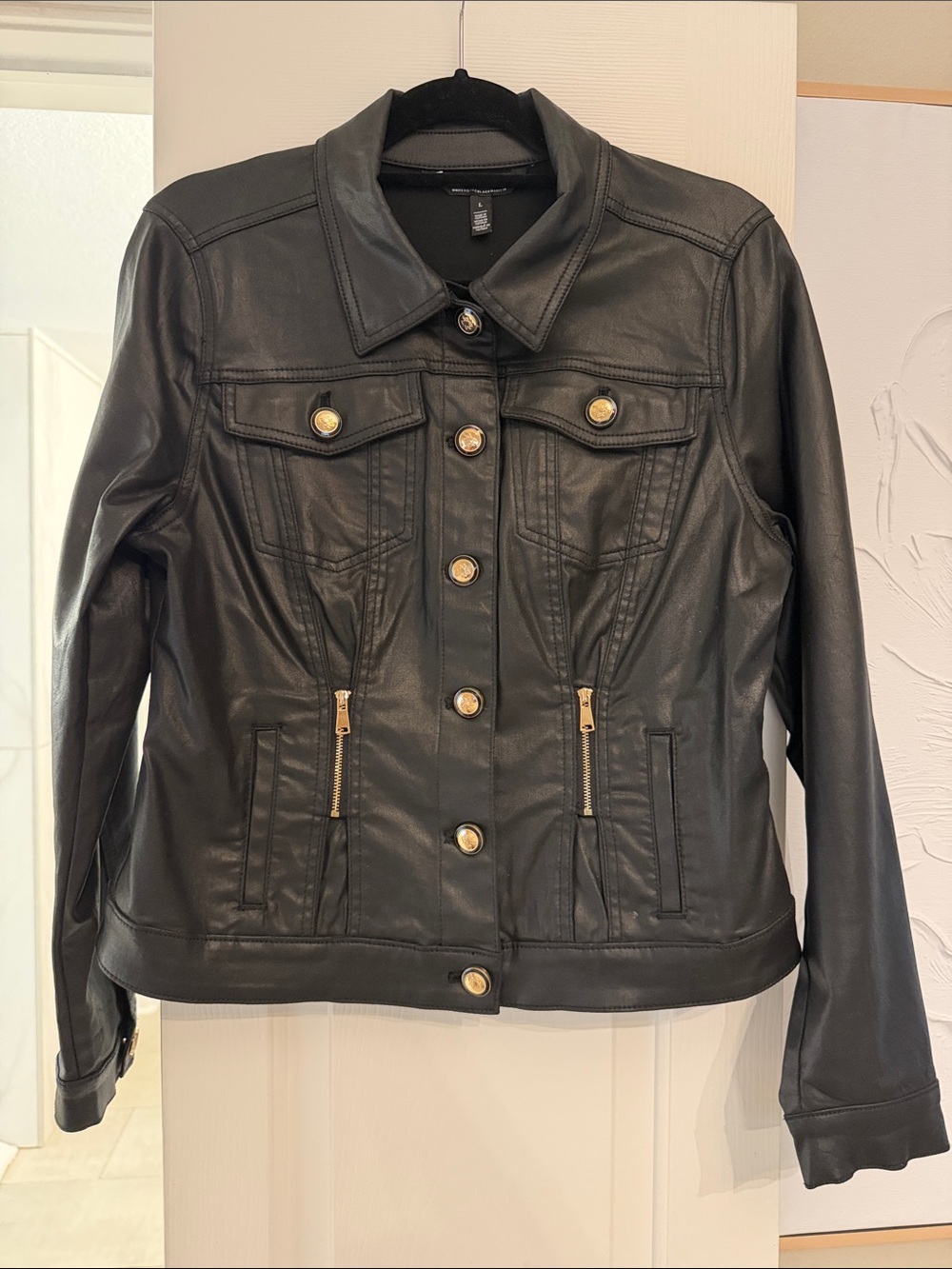 White House Black Market Black Coated Denim Jacket with Gold Buttons NWOT Size L